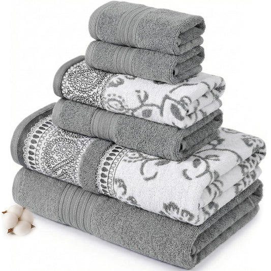 Modern Threads 6 Piece Set, 2 Bath Towels, 2 Hand Towels, 2 Washcloths Yarn Dyed Jacquard/Solid Towel Set Ophelia Stone