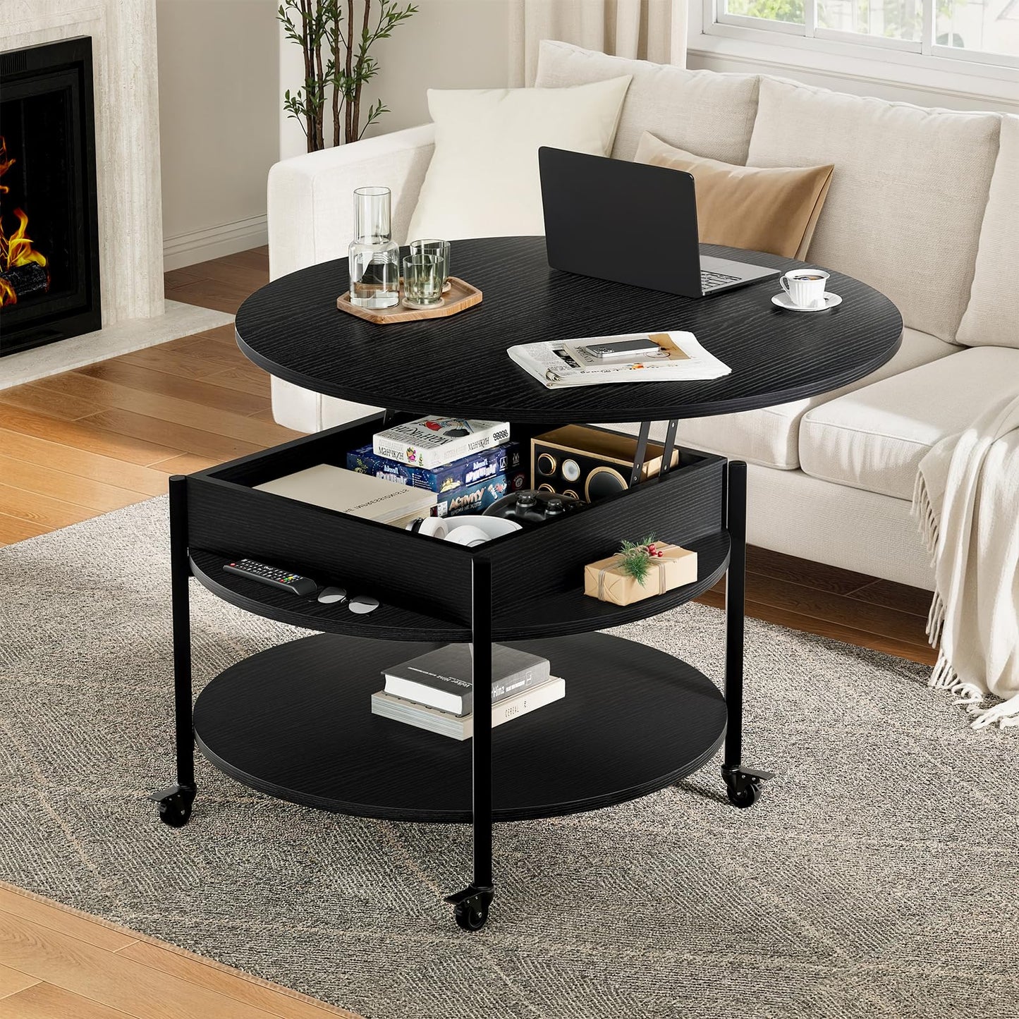 Mossora Round Lift Top Coffee Table with Wheels, Circle Center Table with Storage and Compartment, 68 cm Rolling Coffee Tables for Living Room