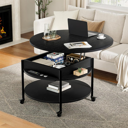 Mossora Round Lift Top Coffee Table with Wheels, Circle Center Table with Storage and Compartment, 68 cm Rolling Coffee Tables for Living Room