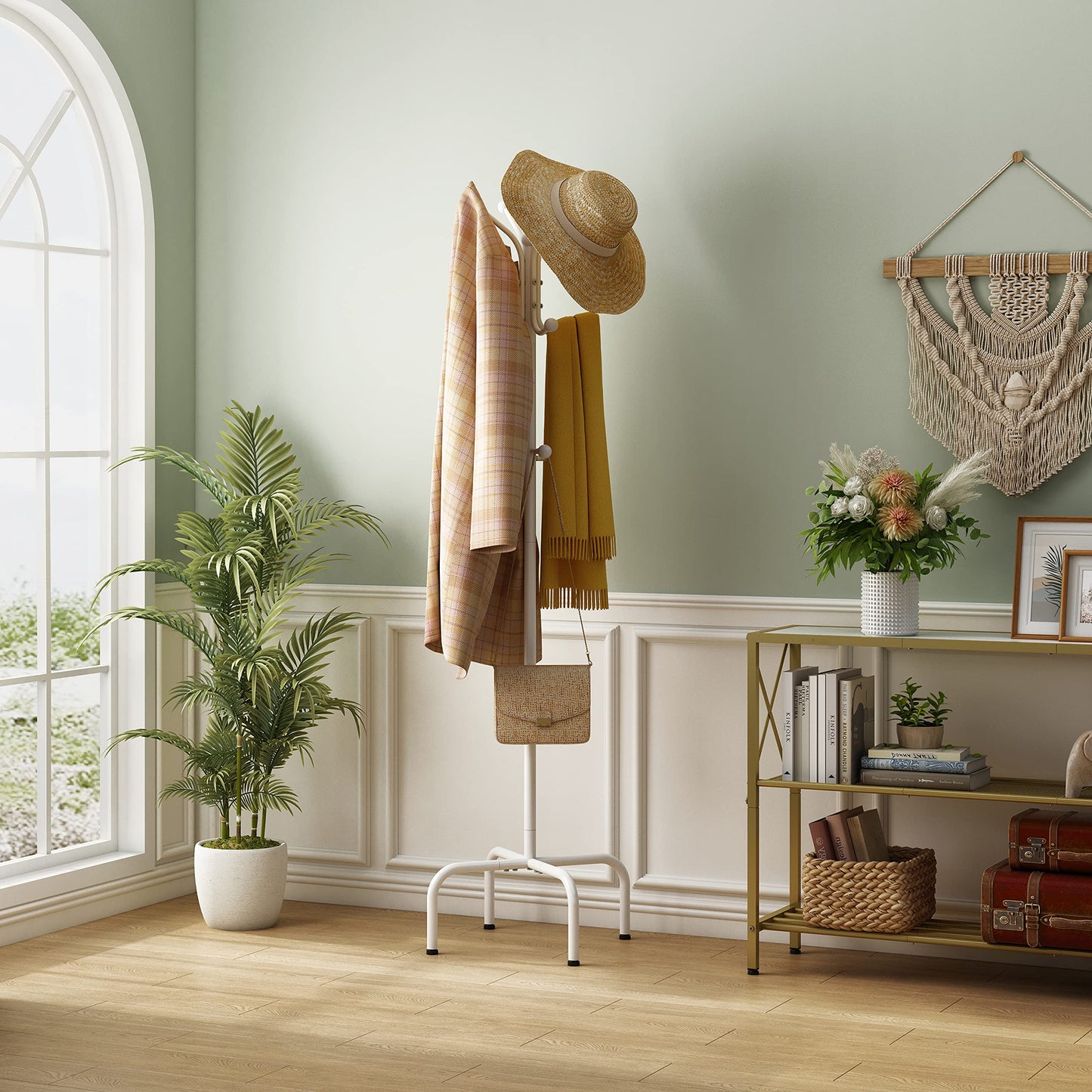 Hoctieon Entryway Coat Rack Freestanding With 12 Hooks, Metal Coat Tree Stand, Heavy Duty Floor Standing Hanger, White