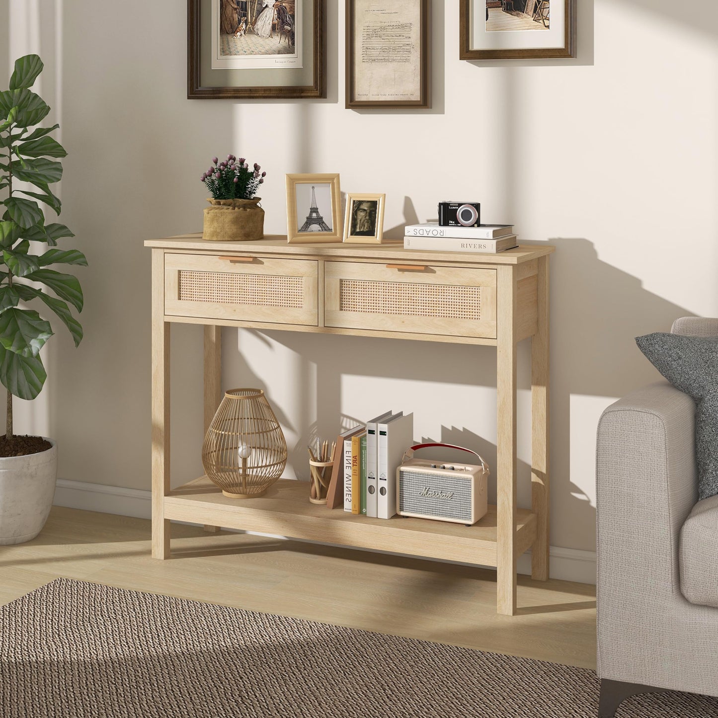 Trironsun Boho Rattan Console Table with 2 Drawers 2 Tier Entryway Table Farmhouse Wood Sofa Tables with Open Storage Shelf for Living Room Hallway