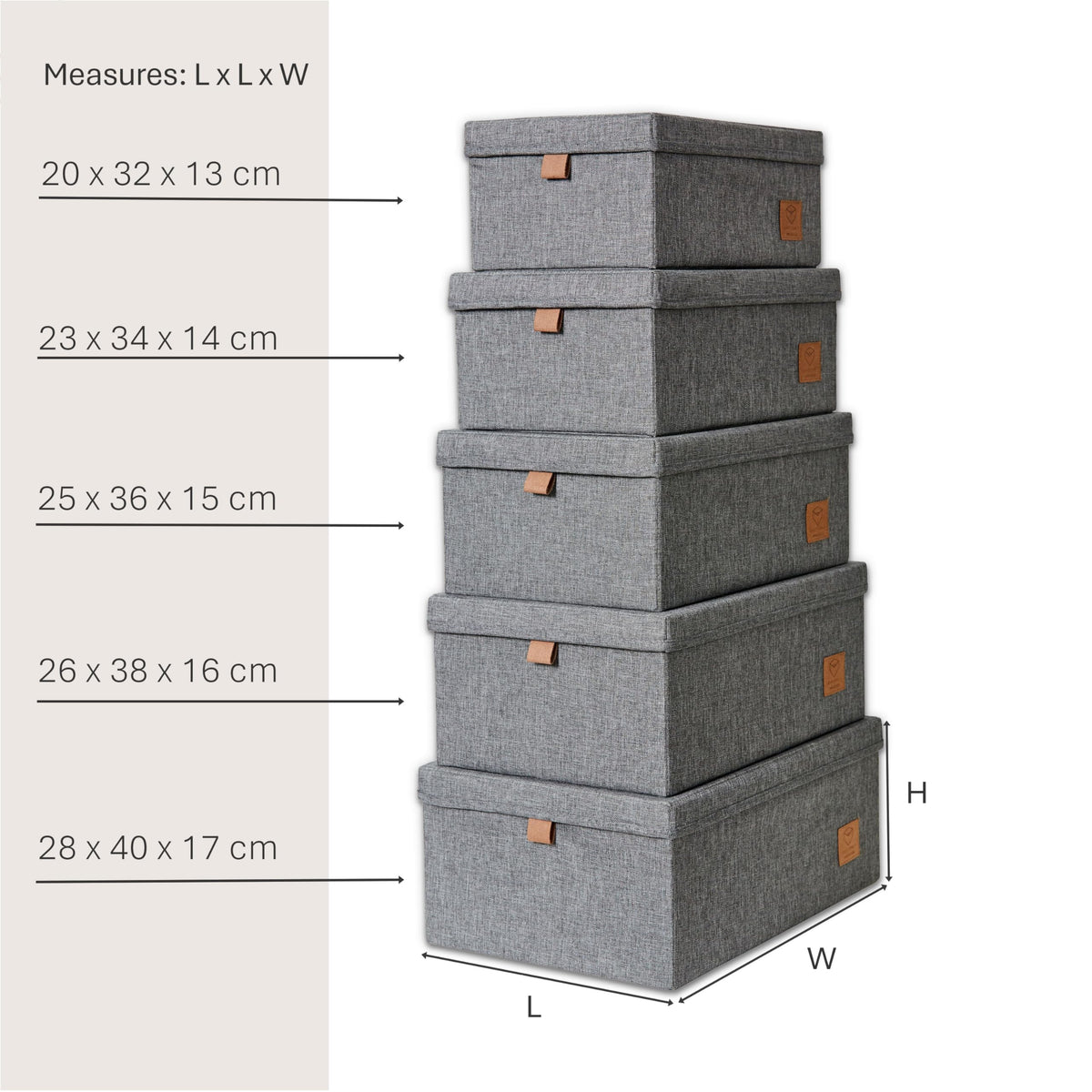LOVE IT STORE IT Premium Storage Box with Lid Fabric 5 Pieces - Linen Stacking Boxes - Reinforced with Cardboard - Grey - Set of 5, Various Sizes