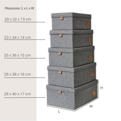 LOVE IT STORE IT Premium Storage Box with Lid Fabric 5 Pieces - Linen Stacking Boxes - Reinforced with Cardboard - Grey - Set of 5, Various Sizes