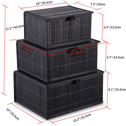 Honygebia Storage Basket with Lid – Black Decorative Bamboo Box for Organizing, Set of 3 Wicker Basket and Woven Fabric Lining for Home, Kitchen