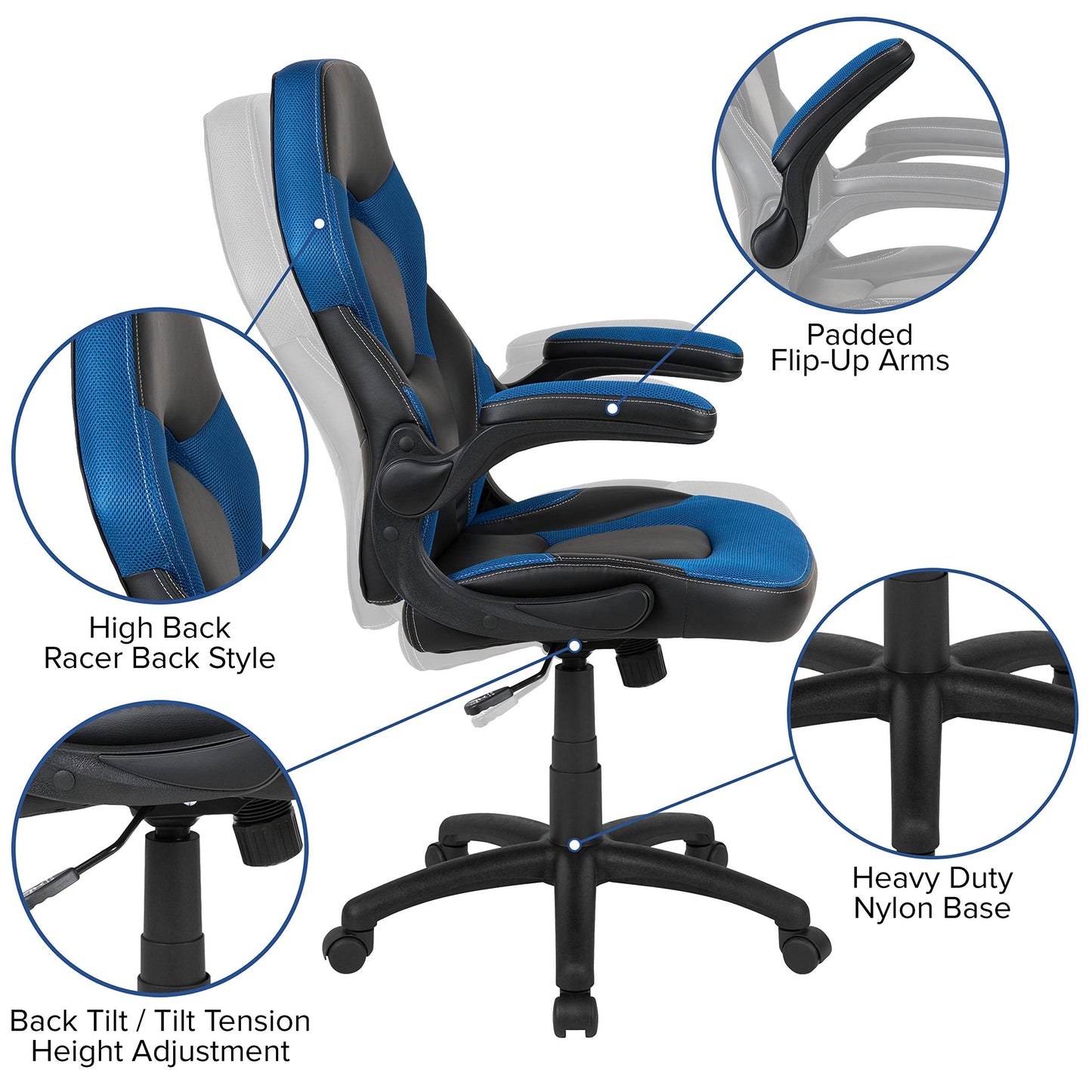 Flash Furniture X10 Gaming Chair - Ergonomic Office Chair for PC & Gaming Setups, Adjustable Gamer Chair with LeatherSoft Back Support, Blue/Black