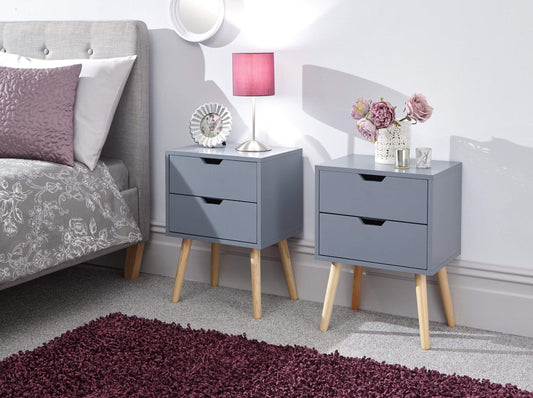 GFW Pair Of Nyborg Scandinavian Style 2 Drawer Bedside Cabinet With Pine Wooden Legs, Dark Grey. 30D x 40W x 56H cm.