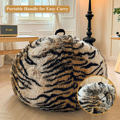 XeGe Soft Faux Fur Tiger Print Bean Bag Chair Cover(No Filler), Tiger Brown