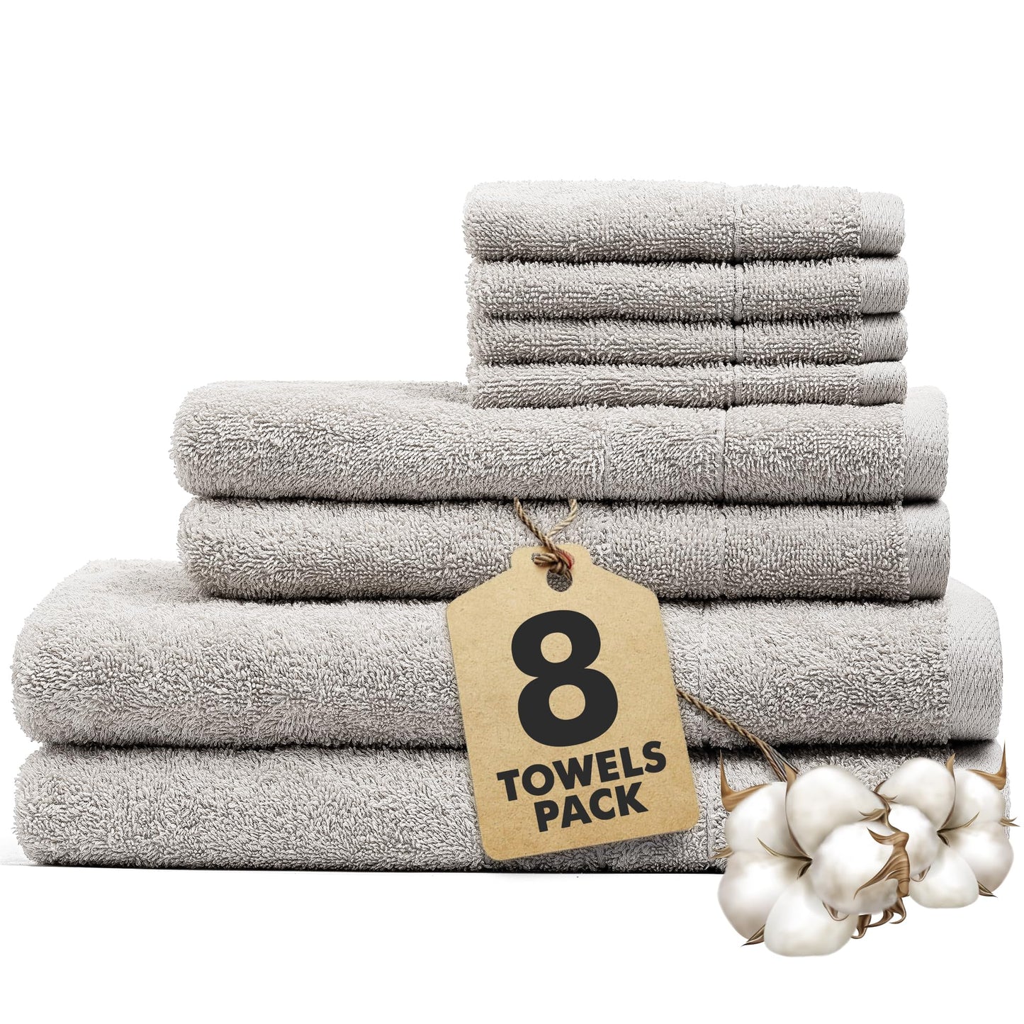 Novo Home Bath Towels Set of 8 ? 100% Cotton Light GreyTowel Set Bale Includes 2 Bath, 2 Hand, 4 Face Towels ? Soft, Absorbent & Quick Dry Towel for