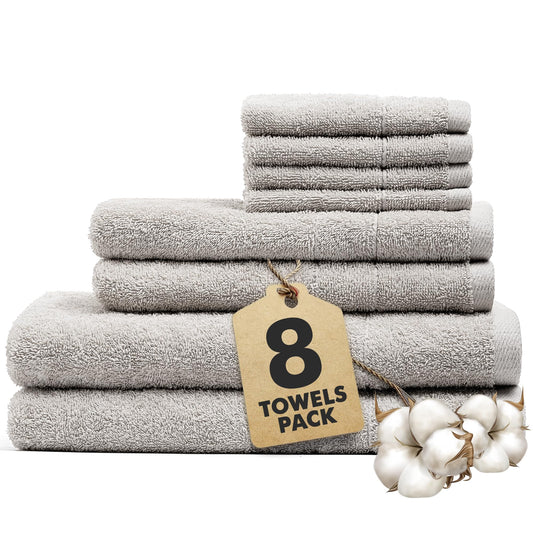 Novo Home Bath Towels Set of 8 ? 100% Cotton Light GreyTowel Set Bale Includes 2 Bath, 2 Hand, 4 Face Towels ? Soft, Absorbent & Quick Dry Towel for
