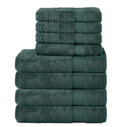 Komfortec Set of 8 Hand Towels 100% Cotton, 4 Bath Towels 70 x 140 cm and 4 Hand Towels 50 x 100 cm, Terry Clothing, Soft, Towel, Large, Dark Green