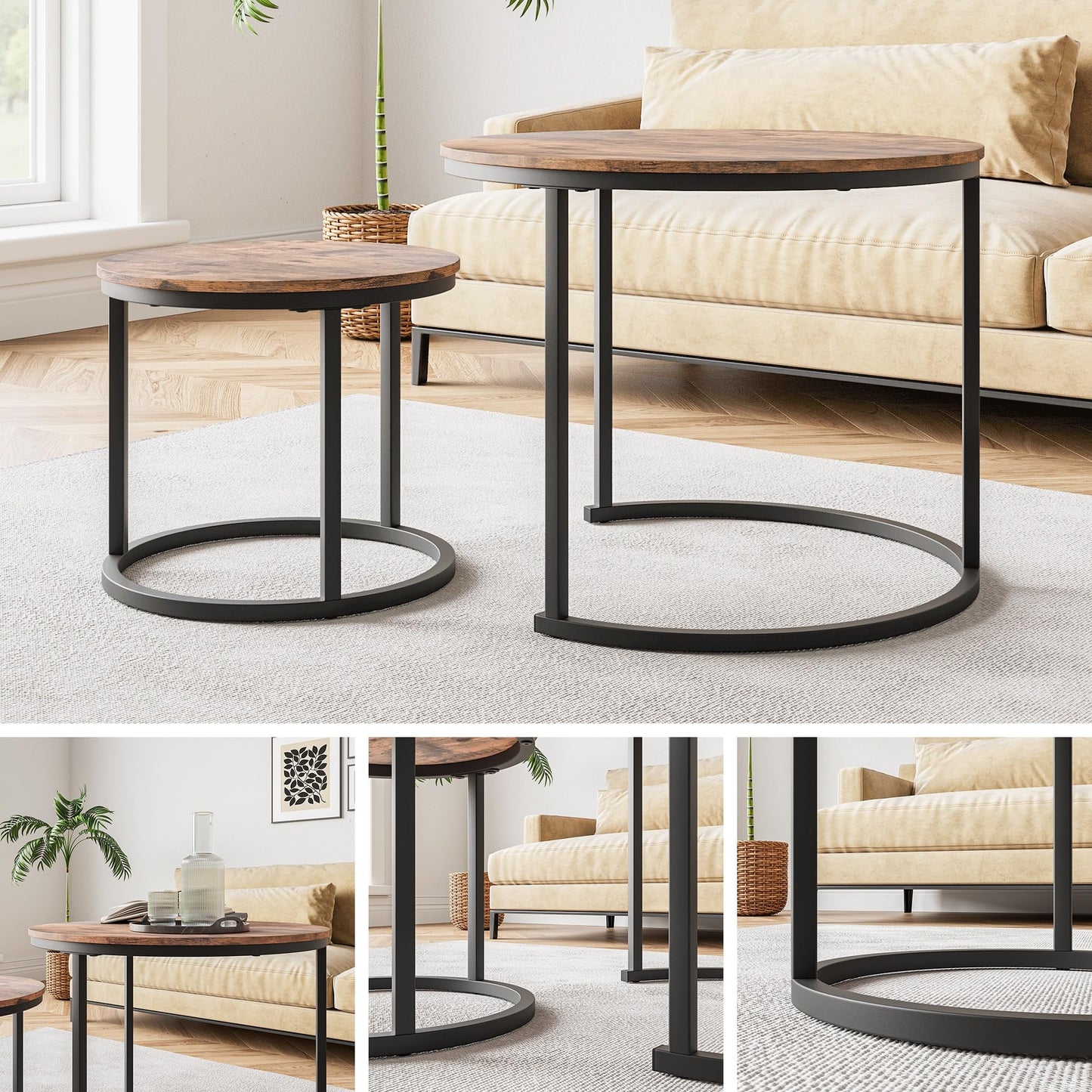 HOJINLINERO Small Round Nesting Coffee Table Set of 2 with Metal Frame and Wood Top, Modern Stacking Side Table for Living Room, Bedroom, Office