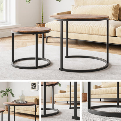 HOJINLINERO Small Round Nesting Coffee Table Set of 2 with Metal Frame and Wood Top, Modern Stacking Side Table for Living Room, Bedroom, Office