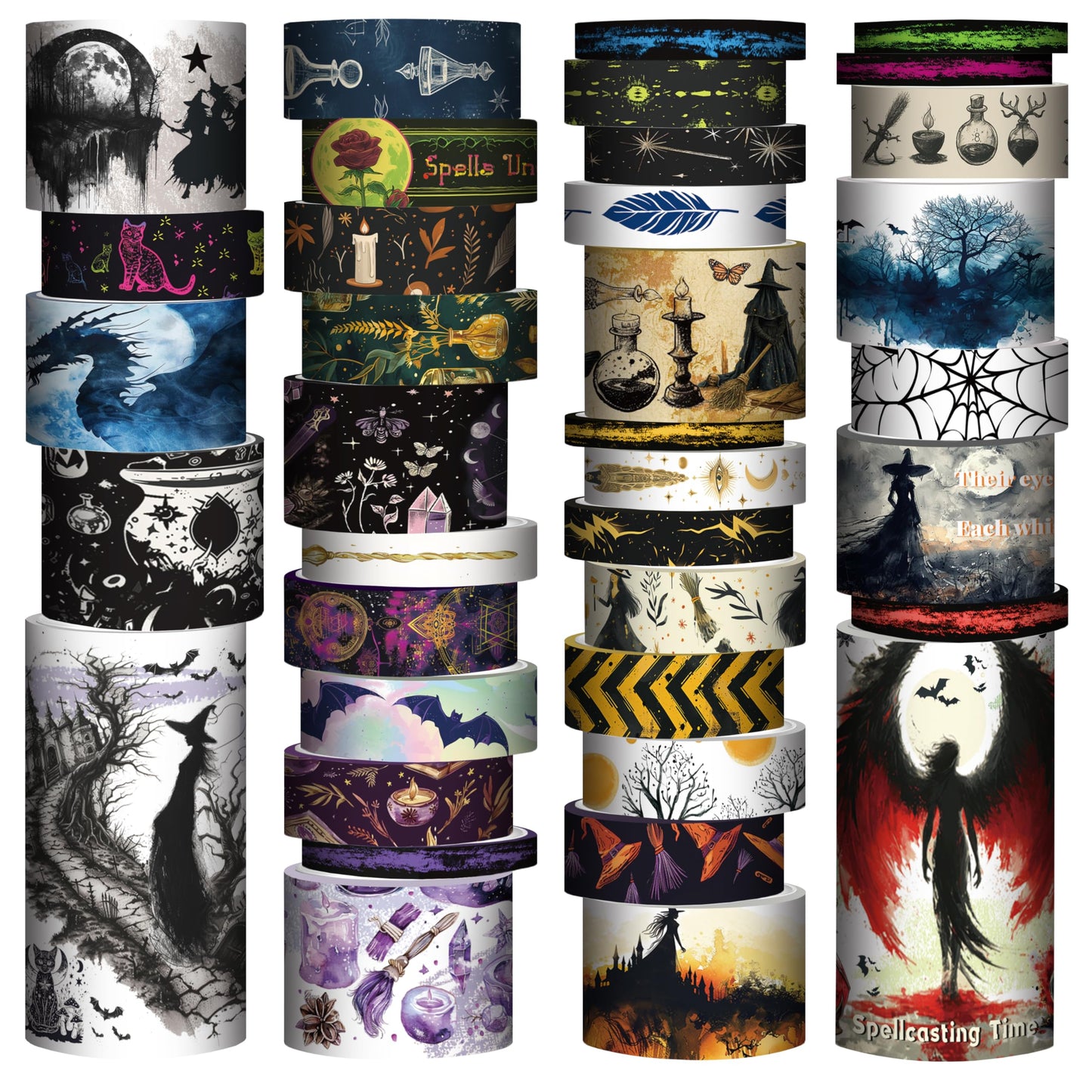 Forwaarss 37 Rolls Washi Tape Set, Black Theme, Witches, Magic Decorative Tape, Coloured Masking Tape for DIY Crafts, Gift Wrapping, Scrapbooking