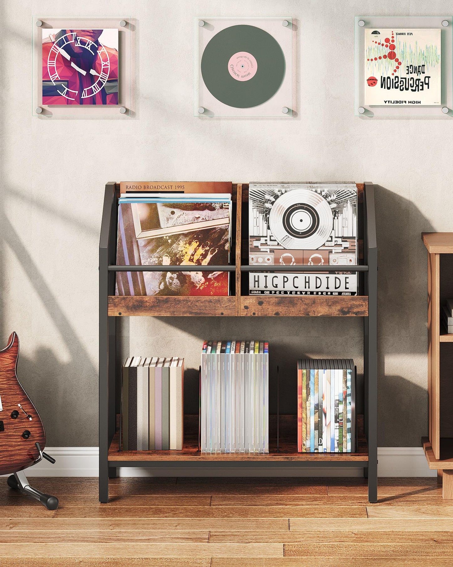 CHOEZON 2-Tier Vinyl Record Storage Holder Rack, 250 LP Albums Display Shelf, Wooden Vinyl Storage Rack with Wire Dividers for Records, CDs, Books