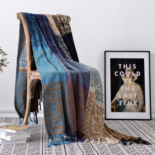 Edcooy Boho chair cover Colorful chenille Tassels Hippie throw blanket for couch Bed Sofa Recliner Loveseat, Blanket for Bohemian Living Room Decor