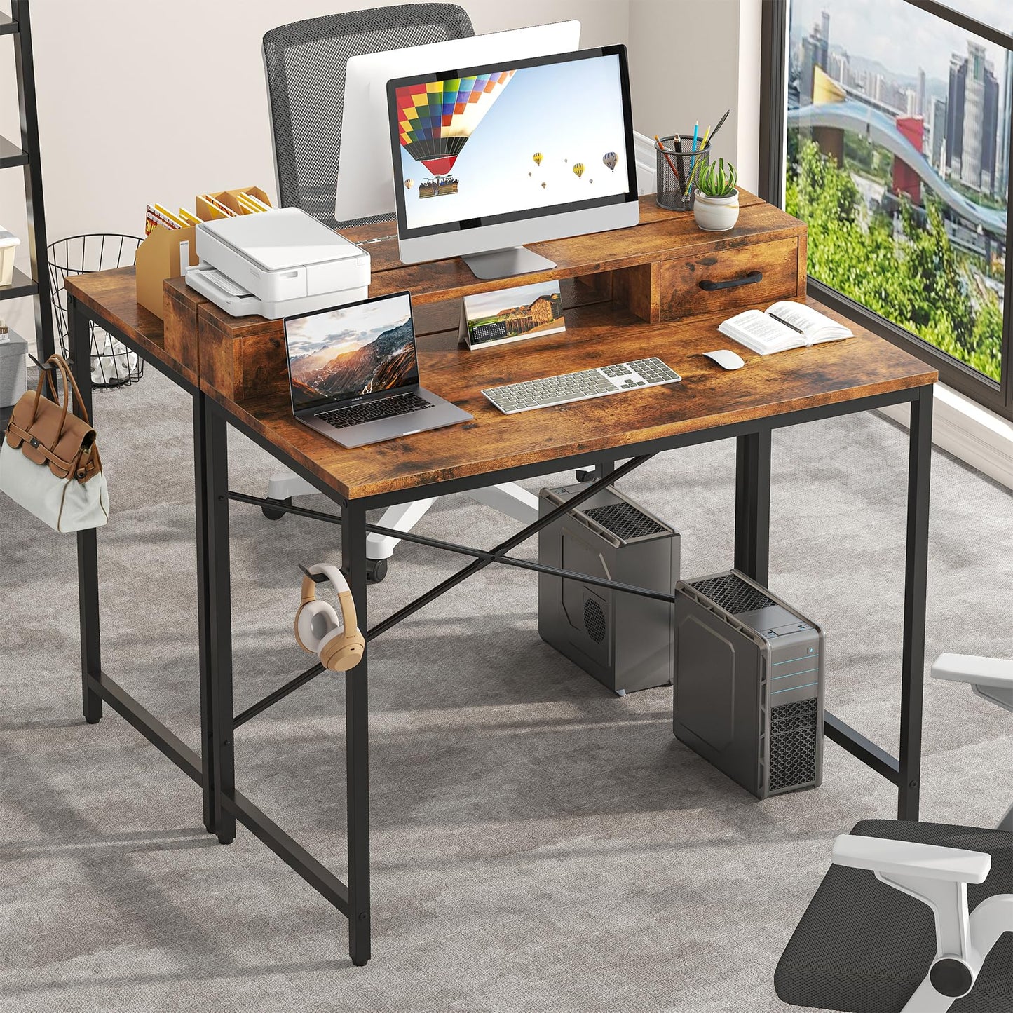 Feonase Industrial-Style Computer Desk with Elevated Monitor Riser & Dual Drawers – 100cm Wide MDF Desktop for Home Office