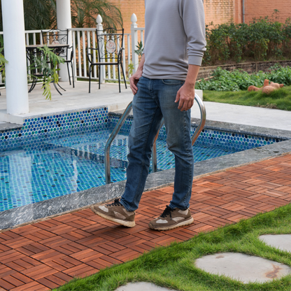 Acacia interlocking deck tile grid pattern, 10 pieces of 12 inch x 12 inch square brown Acacia hardwood outdoor flooring