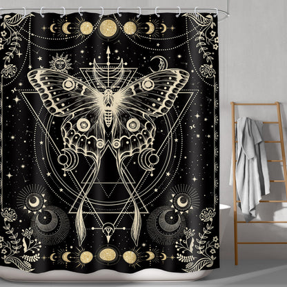 LGhtyro Gold Moth Shower Curtain 60Wx71H Inch Moon Phase Shower Curtain Bathroom Set Gothic Black Butterfly Moonlit Bath Curtain Witchy Tarot