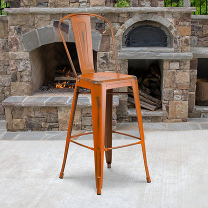 Flash Furniture Blake Commercial Grade 4 Pack 30" High Distressed Orange Metal Indoor-Outdoor Barstool with Back