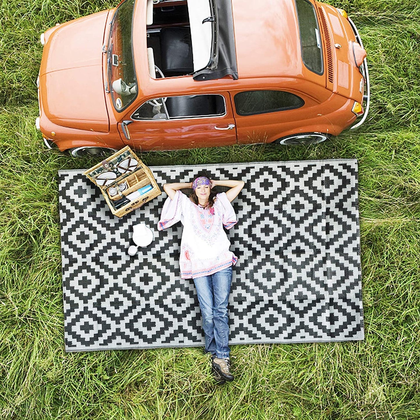 Enipate Geometric Outdoor Rugs for Patios Clearance, 182 x 274cm(6x9ft) Reversible & Easy Cleaning Patio Decking Rug, Portable Comfortable Woven