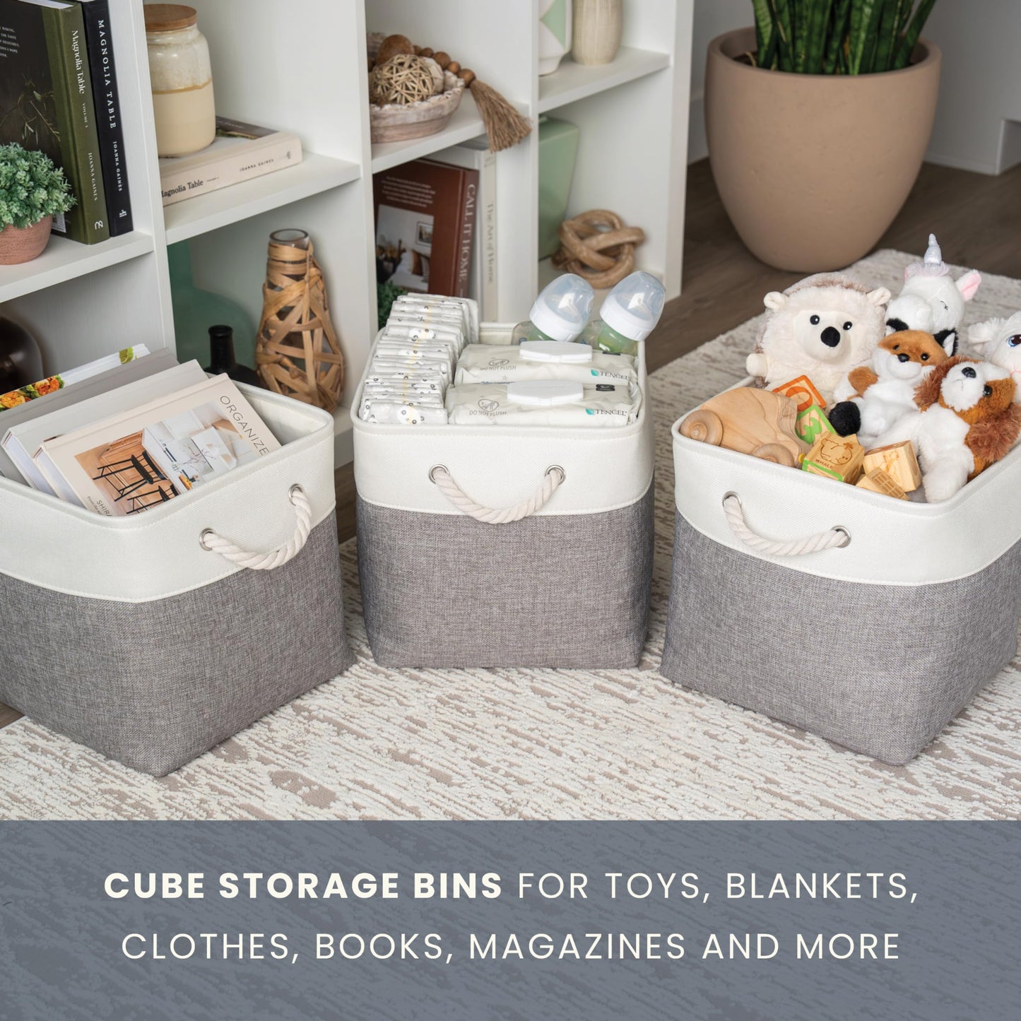 OrganiHaus Fabric Storage Boxes, Set of 3 Foldable 28x28 Cube Organiser Bins with Rope Handles for Shelves, Nursery & Closet
