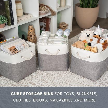 OrganiHaus Fabric Storage Boxes, Set of 3 Foldable 28x28 Cube Organiser Bins with Rope Handles for Shelves, Nursery & Closet
