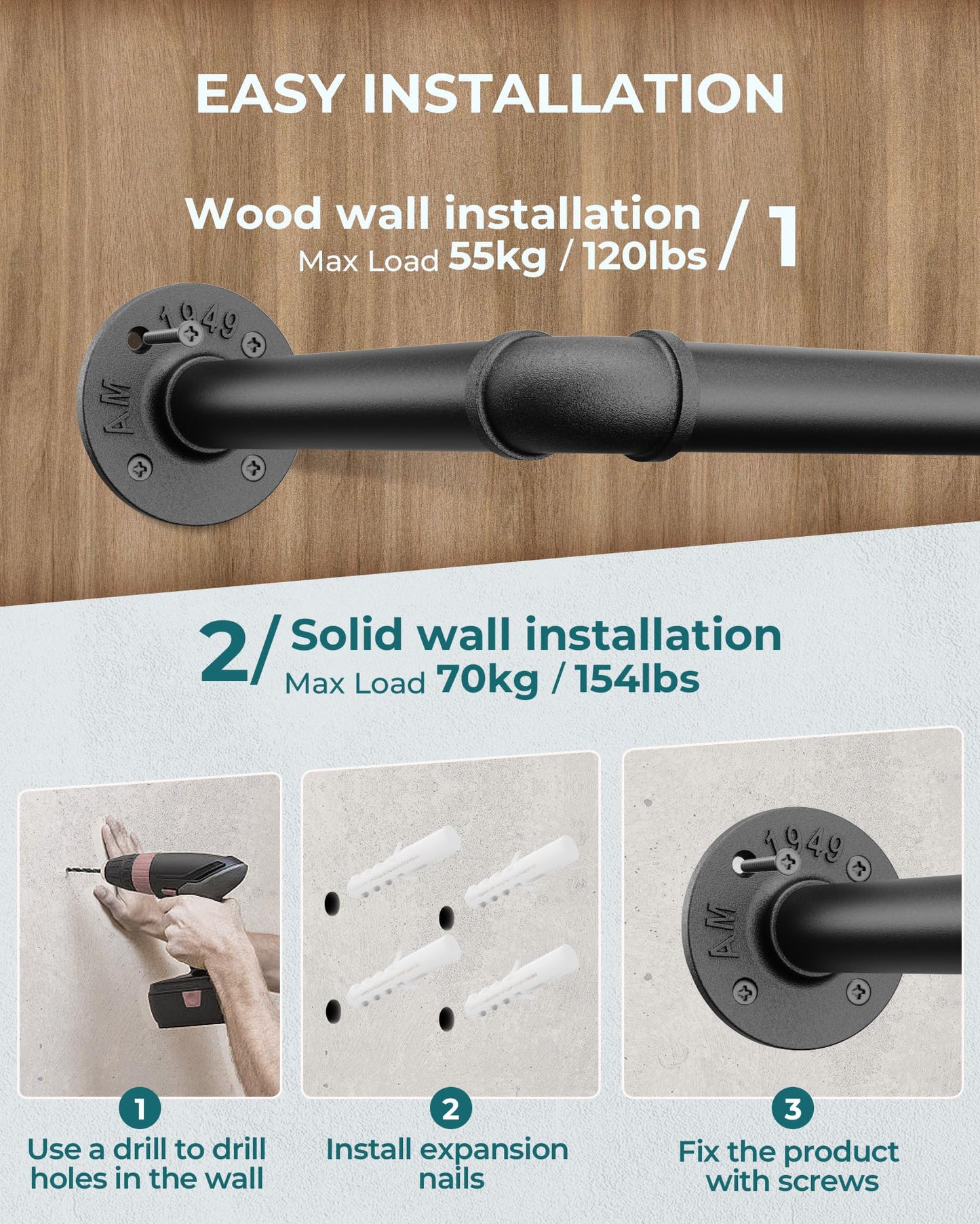 OROPY Industrial Pipe Clothes Rail, 167cm Wall Mounted Detachable Retro Metal Clothing Rail for Hanging Clothes, Heavy Duty Clothes Rail for Bedroom
