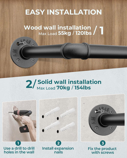 OROPY Industrial Pipe Clothes Rail, 167cm Wall Mounted Detachable Retro Metal Clothing Rail for Hanging Clothes, Heavy Duty Clothes Rail for Bedroom