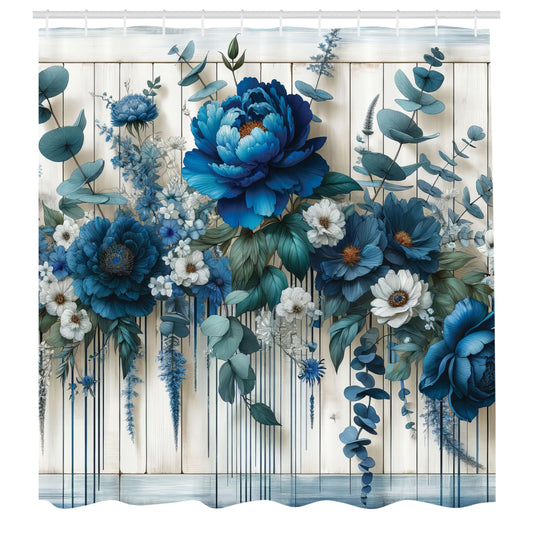 ABAKUHAUS Blue Shower Curtain, Floral Peony Daisy Eucalyptus, Cloth Fabric Bathroom Decor Set with Hooks, 175 x 200 cm, Multicolored
