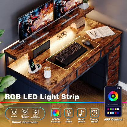 Flrrtenv Computer Desk with 9 Drawers & LED, 120cm Home Office Desk with Storage & Power Outlets USB Type-C