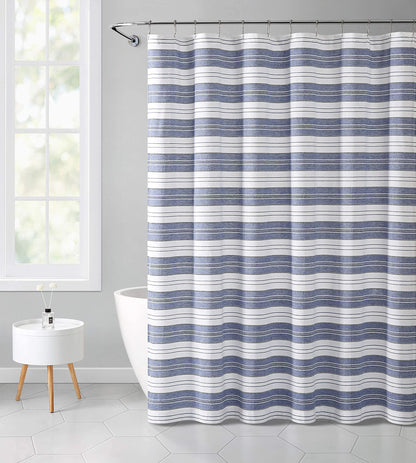 Serafina Home Nautical Chambray Blue and White Fabric Shower Curtain: Cotton Luxury Hotel Stripe with Detailed Eyelet Decorative Weave (Navy)