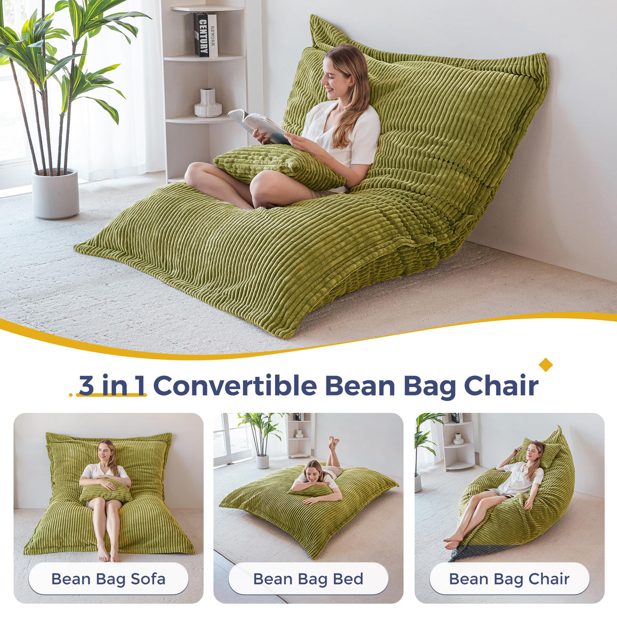 MAXYOYO Giant Bean Bag with Pillow, Soft Corduroy Removable Cover, Large Floor Cushion with Fluffy Foam Filling, BeanBag Chair for Adults & Kids