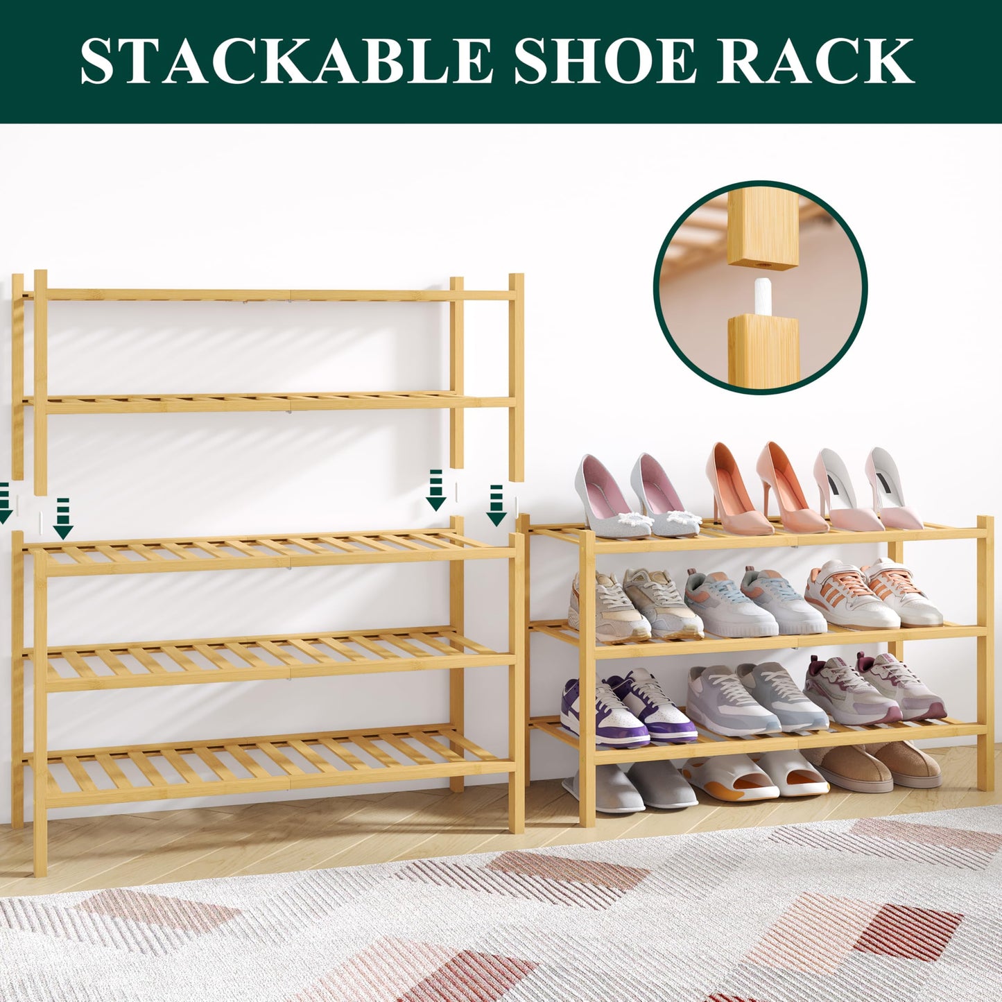 smiry Natural Bamboo Shoe Rack, 5 Tier Wooden Stackable Shoe Storage Organiser, Free Standing Shoes Storage Shelf for Entryway, Hallway, Small Spaces