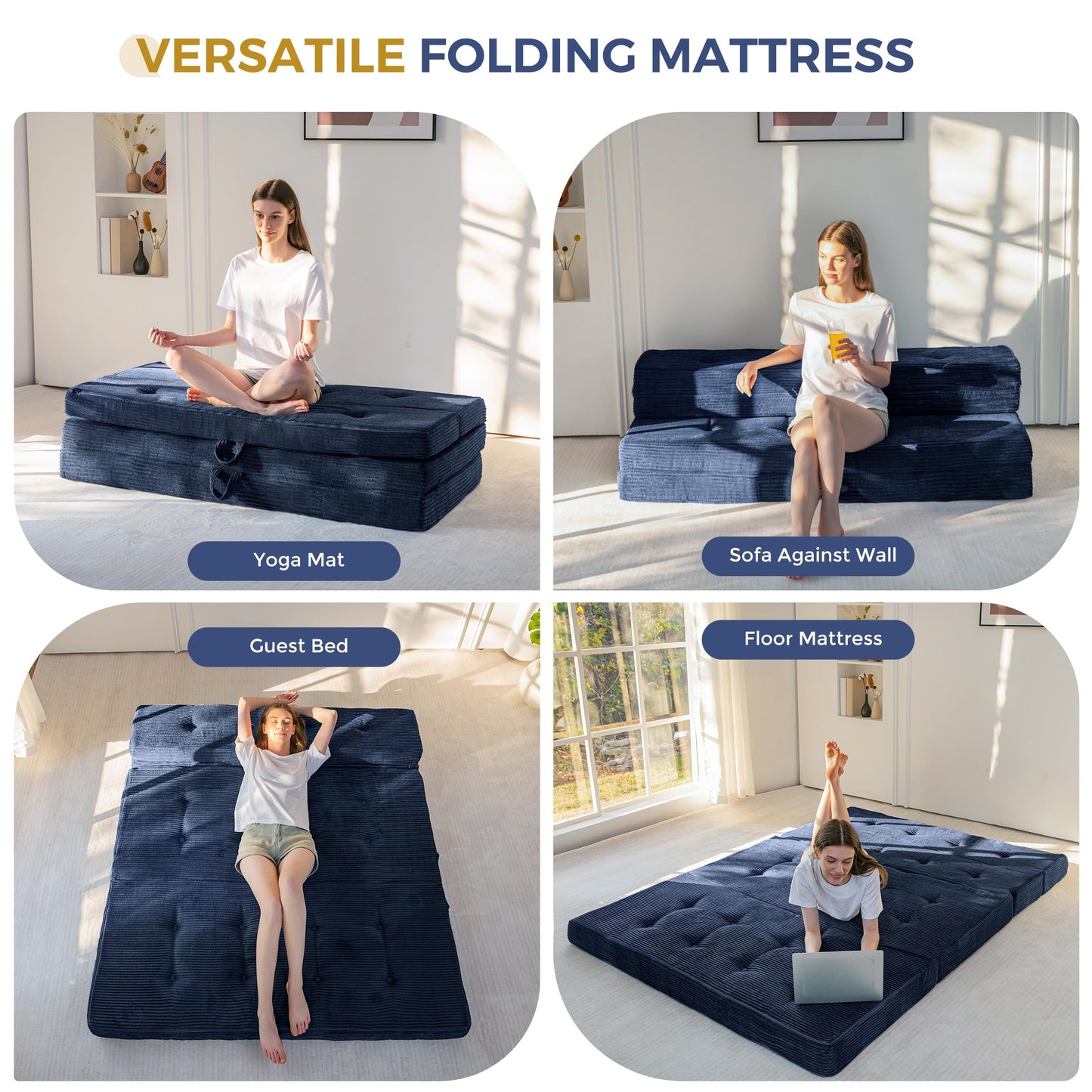 MAXYOYO Folding Mattress Double, Comfy Foldable Sofa Couch Bed, Guest Mattress with Handles Floor Futon Sofa Bed for Guest
