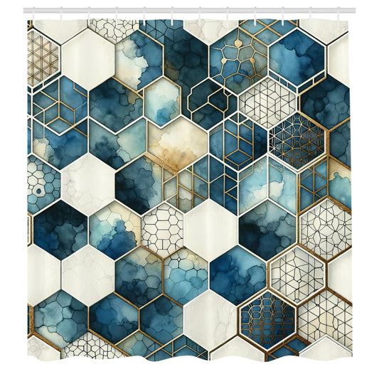 ABAKUHAUS Blue Shower Curtain, Watercolor Honeycomb Mesh Art, Cloth Fabric Bathroom Decor Set with Hooks, 175 x 200 cm, Dark Turquoise ?vory