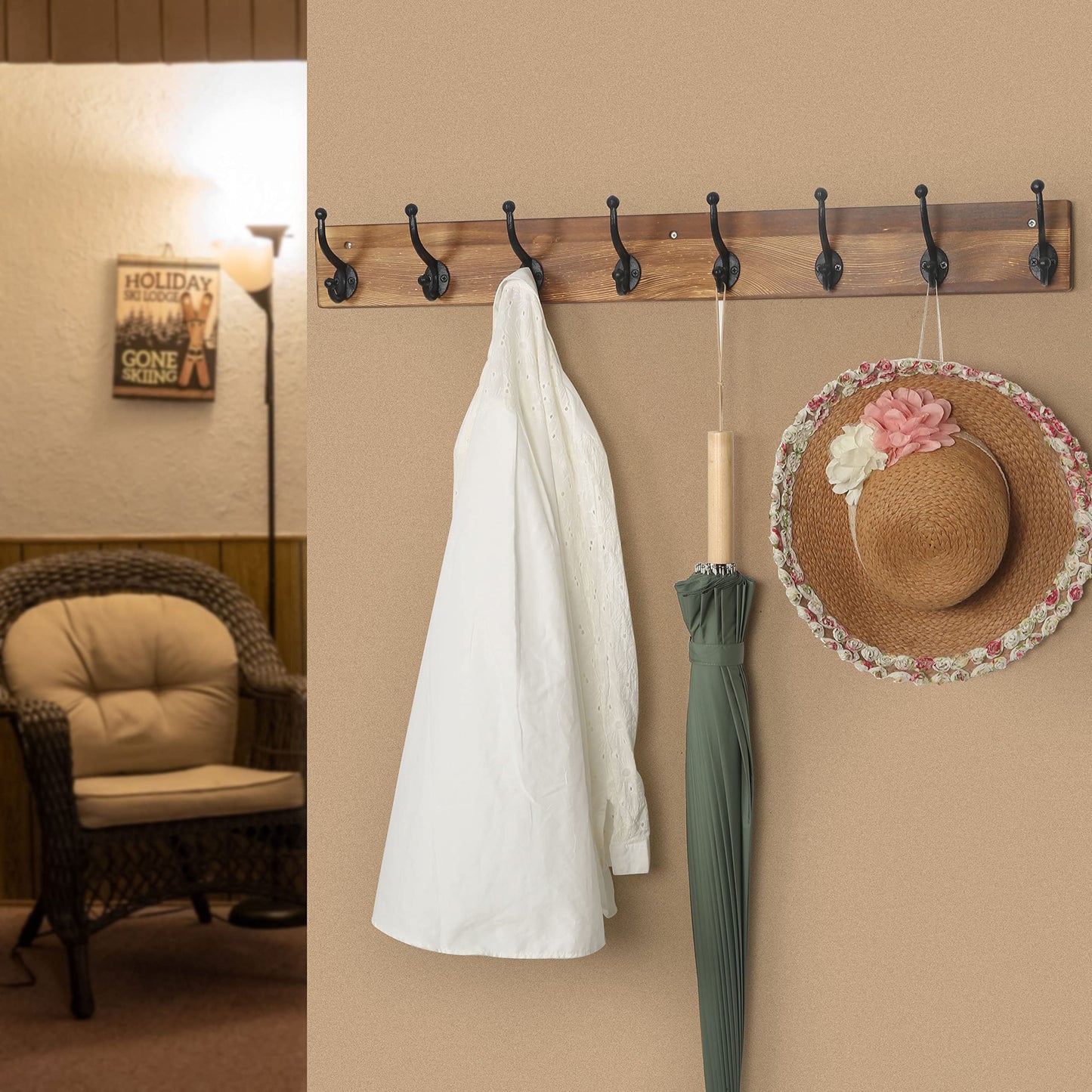 WEBI Rustic Coat Rack Wall Mount Long 8 Cast Iron Coat Hooks Wall Mounted,Heavy Duty Wall Coat Hanger Hooks for Hanging Coats,Clothes,Brown