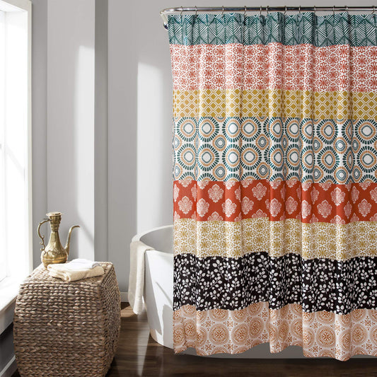 Lush Decor Bohemian Stripe Shower Curtain, 72" W x 78" L, Turquoise & Orange - Long Boho Shower Curtain - Colorful Striped Bathroom Curtain -