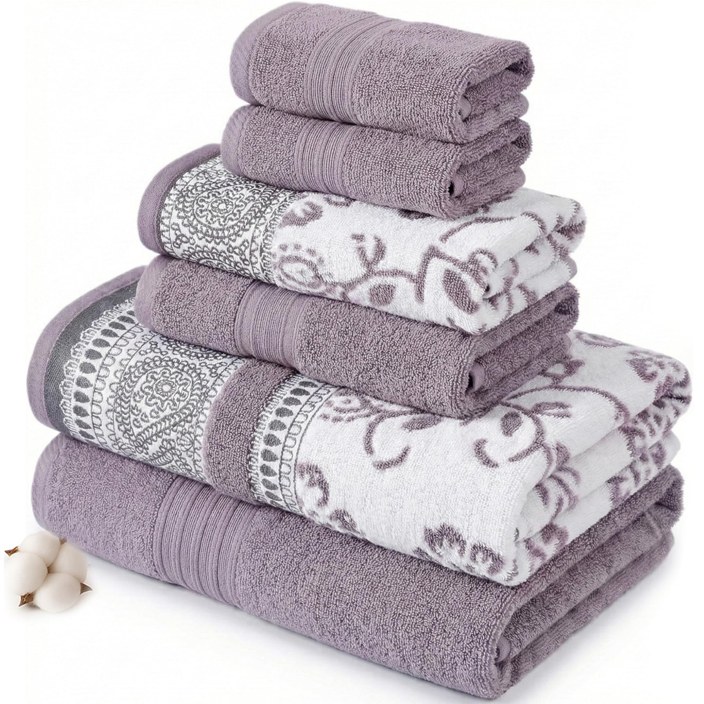 Modern Threads 6 Piece Set, 2 Bath Towels, 2 Hand Towels, 2 Washcloths Yarn Dyed Jacquard/Solid Towel Set Ophelia Orchid