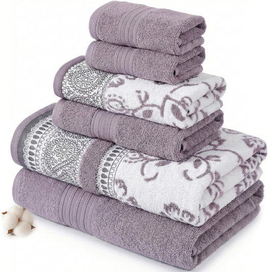 Modern Threads 6 Piece Set, 2 Bath Towels, 2 Hand Towels, 2 Washcloths Yarn Dyed Jacquard/Solid Towel Set Ophelia Orchid