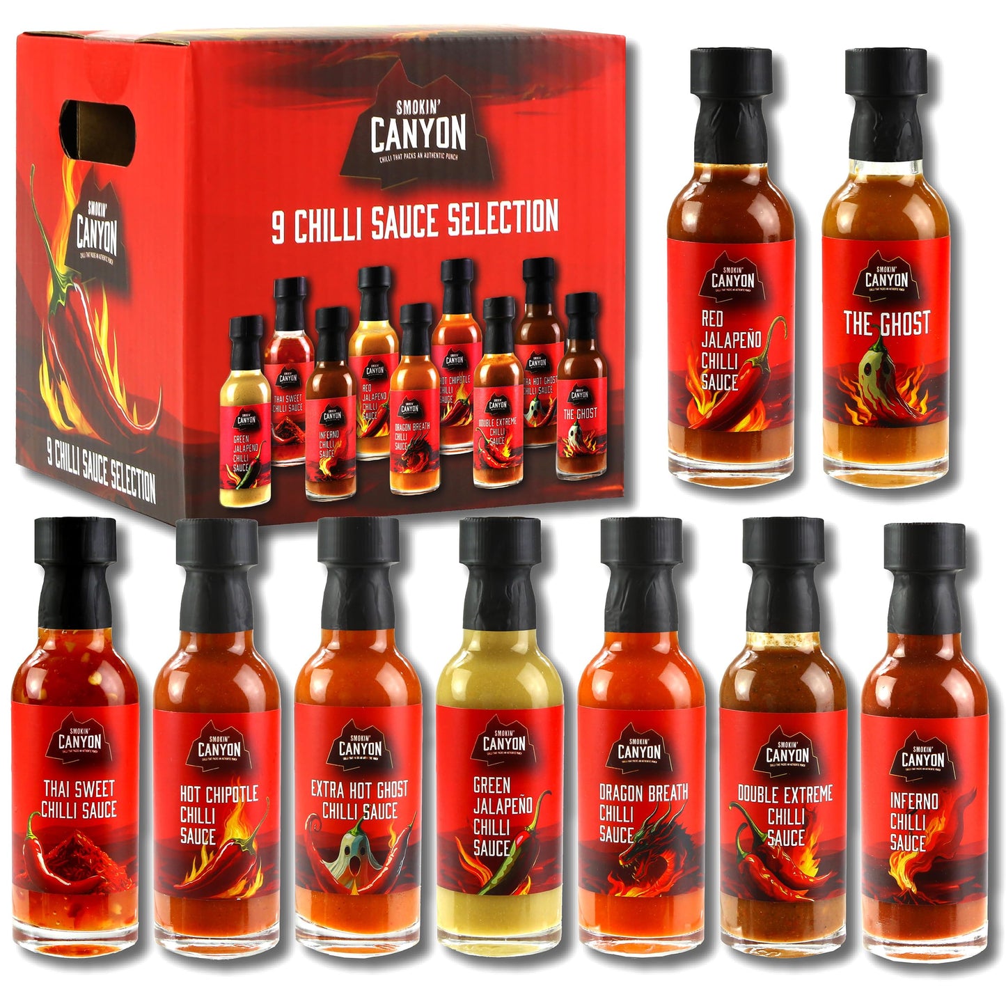 Kimm & Miller Smokin' Canyon Hot Sauce Gift Set | 9 Assorted Chilli Sauces (45ml Each) | Fun Gift for Men, Women & Teens | Heat Challenge Selection