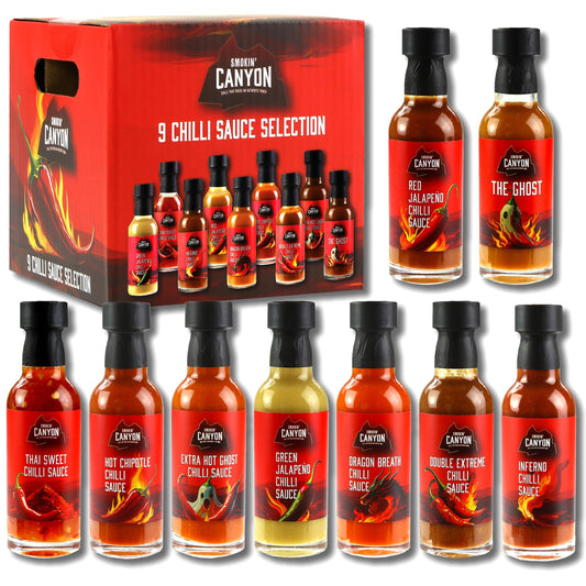 Kimm & Miller Smokin' Canyon Hot Sauce Gift Set | 9 Assorted Chilli Sauces (45ml Each) | Fun Gift for Men, Women & Teens | Heat Challenge Selection