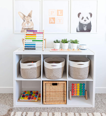 OrganiHaus Set of 3 Bathroom Storage Baskets for Shelves, Cotton Rope Basket for Towels, Toys, Baby Items, White & Brown Blanket Organizer
