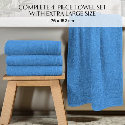 100% Cotton Extra Large Bath Towels Set of 4 (76x152cm) - Medium Blue
