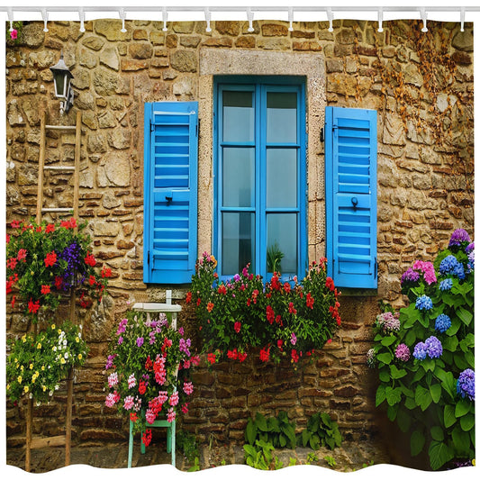 Qucarder Garden Shower Curtain Stone Wall and Blue Window and Flowers Bath Curtain 3D Outdoor Waterproof Shower Curtains for Bathroom Decor with 12