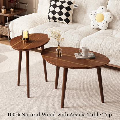 Vanpoo Small Oval Coffee Tables Set,Acacia Wood Nesting Tables（25.6"x17.7"+17.7"x13.4" for Living Room Small Spaces Office,Easy Assembly Wooden