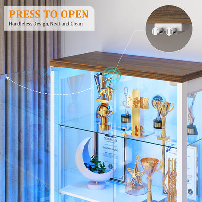 FREDEES LED Display Cabinet with Glass Doors and Drawers, White