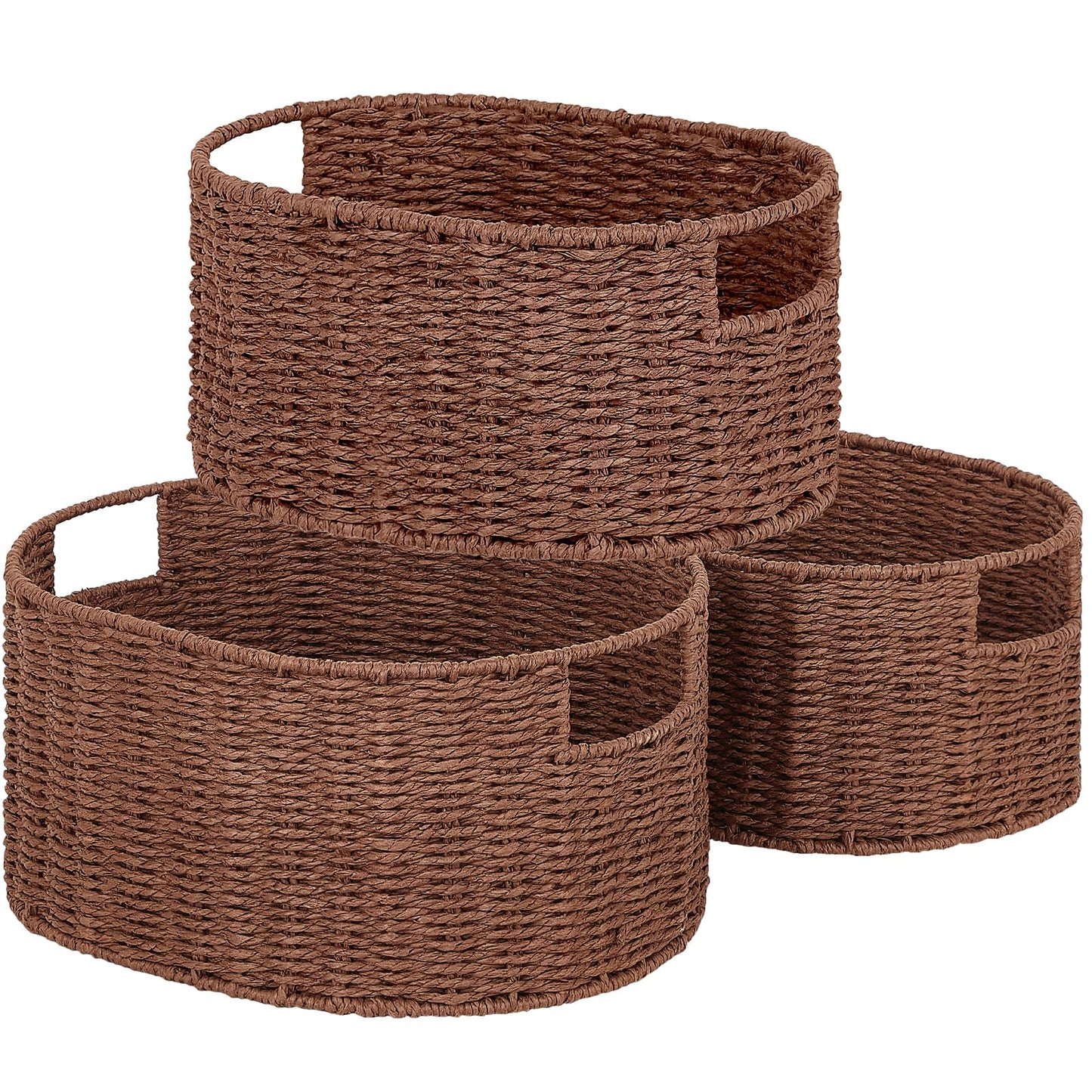 Vagusicc Wicker Basket, Set of 3 Woven Wicker Storage Baskets with Handles, Round Paper Rope Storage Boxes Bin Organizer for Bathroom Shelves Closet