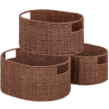 Vagusicc Wicker Basket, Set of 3 Woven Wicker Storage Baskets with Handles, Round Paper Rope Storage Boxes Bin Organizer for Bathroom Shelves Closet