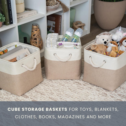 OrganiHaus Fabric Storage Boxes, Set of 3 Foldable 30X30 Cube Organiser Bins with Rope Handles for Shelves, Nursery & Closet