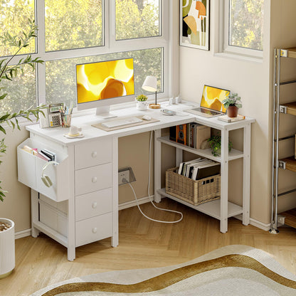 BEXEVUE Small L Shaped Desk with 4 Drawers and Power Strips, 120cm Comuputer Desk with Fabric Storage Drawers